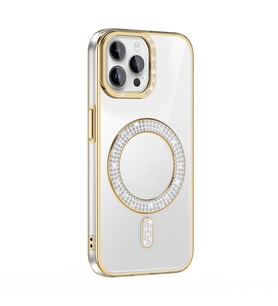 iPhone 12 Kılıf Pırlanta Taş Tasarımlı M-safe Şarj Özellikli Karetta Silikon Kılıf (Gold)