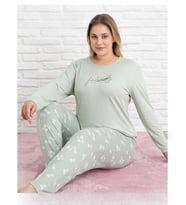 Pijamoni Kadın Milan Büyük Beden Bisiklet Yaka Uzun Kol İnce Pijama Takımı 7666/28 - 1 Adet (Su Yeşili)