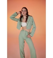 Vatkalı Atlas Kumaş Crop Model Panky Ceket Yeşil