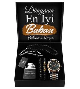 Babalar Gününe Özel Tasarım Kutu & Metal Kordonlu Siyah Saat & İkili Bileklik & Kişiye Özel Çakmak & Tesbih Seti