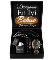 Babalar Gününe Özel Tasarım Kutu & Metal Kordonlu Siyah Saat & İkili Bileklik & Kişiye Özel Çakmak & Tesbih Seti