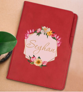 BK Gift Kişiye Özel Çiçek Tasarımlı Kırmızı Termo Deri Not Defteri 15x21cm-9