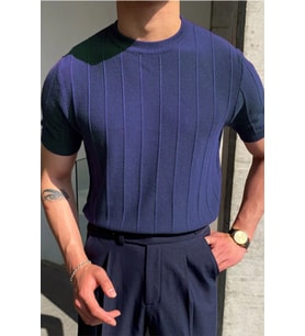 Erkek Slim Dar Bisiklet Yaka Düz Triko T-Shirt