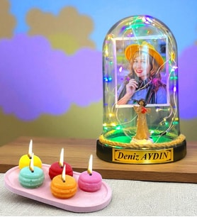 Size Özel Renkli Led Işıklı Fanus ve Kokulu Makaron Mum Hediye Seti (Model 5)