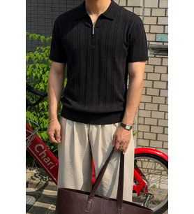 Erkek Slim Fit Fermuarlı Polo Yaka Saç Örgü Desenli Triko Tişört – Yazlık Pamuklu Esnek Örme