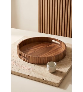Akasya Ahşap Yuvarlak Kulplu Tepsi 35x5.5 cm - Dikey Oluklu Kahve Ve Çay Servis Tepsisi