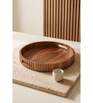 Akasya Ahşap Yuvarlak Kulplu Tepsi 35x5.5 cm - Dikey Oluklu Kahve Ve Çay Servis Tepsisi