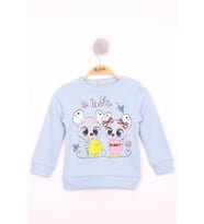 Toontoy Kız Çocuk Omuzdan Çıtçıtlı Fare Baskılı Sweatshirt (Mavi)