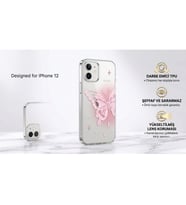 iPhone 12 Uyumlu Pembe Kelebek Desenli Şeffaf Sararmaz Silikon Kılıf