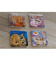 Renkli Kediler Doğal Taş Bardak Altlığı 4'lü set - Natural Stone Coasters