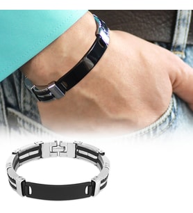 Kişiye Özel İsim Yazılı Silver-Black Renk Çelik Erkek Bileklik (Model-1) (Gümüş)