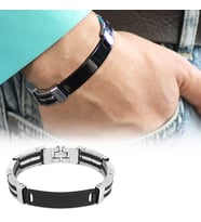 Kişiye Özel İsim Yazılı Silver-Black Renk Çelik Erkek Bileklik (Model-1) (Gümüş)
