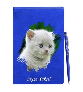 Kişiye Özel Kedi Tasarımlı Mavi Defter Kalem Hediye Seti