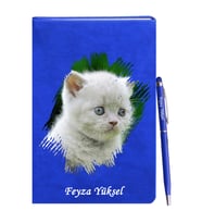 Kişiye Özel Kedi Tasarımlı Mavi Defter Kalem Hediye Seti