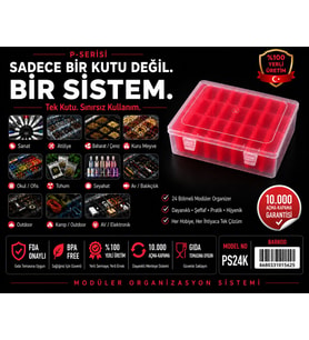 P-SERİSİ 24 lü Plastik Kırmızı Şeffaf Kutu Seti 24 Küçük Kutu Mödüler Saklama, Organizer, Ambalaj sistemi