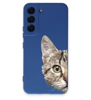 Samsung Galaxy S22 Uyumlu Lansman Kılıf Catface Tasarımlı İçi Kadife Kapak-Lacivert (Şeffaf)