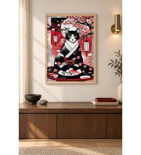 Suşi Masasında Kimono Kedi Ahşap Çerçeveli Duvar Tablosu