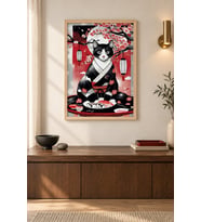 Suşi Masasında Kimono Kedi Ahşap Çerçeveli Duvar Tablosu