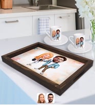 BK Gift Kişiye Özel Sevgililer Karikatürlü Doğal Ahşap Tepsi ve 2’li Kahve Fincan Seti-93