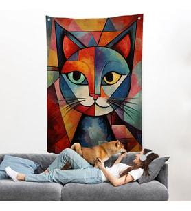 Pablo Picasso Tarzı - Soyut Renkli Kedi Duvar Örtüsü-7375