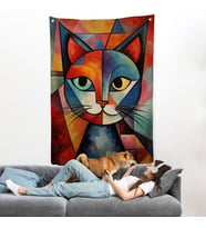 Pablo Picasso Tarzı - Soyut Renkli Kedi Duvar Örtüsü-7375