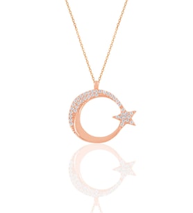 Söğütlü Silver Gümüş rose zirkon taşlı ay yıldız kolye