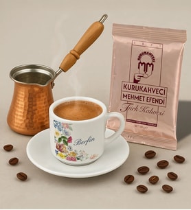 BK Gift Kişiye Özel İsimli Çiçek Tasarımlı Türk Kahvesi Fincanı & Bakır Cezve & Türk Kahvesi Seti-8, Arkadaş Hediye, Sevgiliye Hediye
