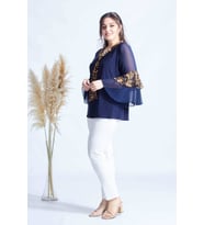 4039 LACİVERT/LEOPAR  VOLAN KOLLU BÜYÜK BEDEN BLUZ
