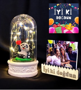 Doğum Günü Hediyesi Kişiye Özel Fotoğraflı Led Işıklı Kalp Tutan Sevimli Pandalı Fanus