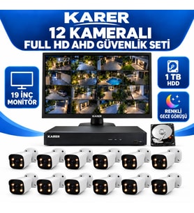 KARER 12 Kameralı 19 İnç Monitörlü Full HD AHD Güvenlik Seti 1 TB HDD Renkli Gece Görüşü