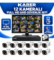 KARER 12 Kameralı 19 İnç Monitörlü Full HD AHD Güvenlik Seti 1 TB HDD Renkli Gece Görüşü