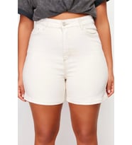Büyük Beden Moda Denim Yüksek Bel Boru Paça Gündelik Ekru Mom Şort Bermuda