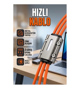 3'ü 1 Arada Hızlı Şarj Kablosu – USB Type-C, Lightning ve Micro USB Uyumlu