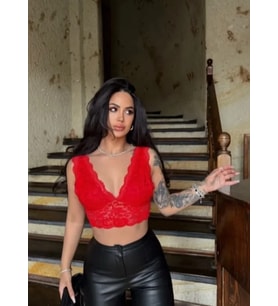 Mulvxmdyk Mdyk02 Dantel Bralet Crop Sütyen V Yaka Askılı Şık Esnek Rahat - Kırmızı (Mulvix)