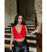 Mulvxmdyk Mdyk02 Dantel Bralet Crop Sütyen V Yaka Askılı Şık Esnek Rahat - Kırmızı (Mulvix)