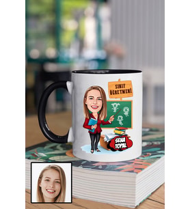 Kadın Sınıf Öğretmenine Hediye Karikatürlü Siyah Kupa Bardak