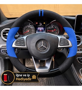 Mercedes A W176 Dikme Direksiyon Kılıfı Delikli Deri Parlak Siyah Mavi Detay Çift Yüzük ve Dikiş 2015-2018