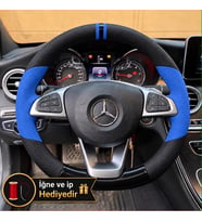 Mercedes A W176 Dikme Direksiyon Kılıfı Delikli Deri Parlak Siyah Mavi Detay Çift Yüzük ve Dikiş 2015-2018