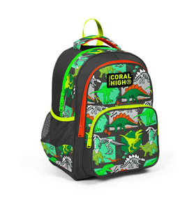 Coral High Kids Gri Yeşil Dinozor Desenli Üç Bölmeli Okul Sırt Çantası 14419
