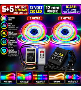 10M 12V 12mm 720 Ledli İç Mekan Pixel Cob Led 8A Laptop Adaptör IC2811 Çift Çıkış Pixel Kumanda Set