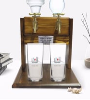 BK Gift Kişiye Özel Renkli Baskılı İstanbul Tasarımlı Turistik İkili Rakı Bardağı ve Çift Musluklu Doğal Ahşap Rakı Standı-2 (Model 1)