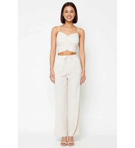 Kadın Büyük Beden İnce Askılı Kalp Yaka Büzgülü Crop Top Uzun Pantolon Plaj Takımı Günlük Rahat