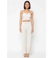 Kadın Büyük Beden İnce Askılı Kalp Yaka Büzgülü Crop Top Uzun Pantolon Plaj Takımı Günlük Rahat