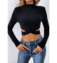 Kadın Siyah Çapraz Bel Detaylı Dik Yaka Uzun Kol Crop Top Bluz