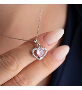 Vaoov 925 Ayar Gümüş Pembe Zirkon Taşlı Kalp Hediye Kolye