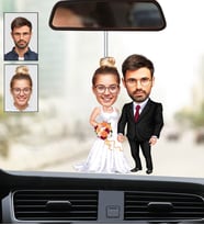 Kişiye Özel Fotoğraflı Gelin Damat 2 Tasarımlı Karikatür Araba Dikiz Ayna Süsü