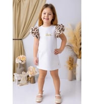 Miniğimin Cicileri Kolları Leopar Volanlı Fashion Kız Çocuk Elbise - Beyaz