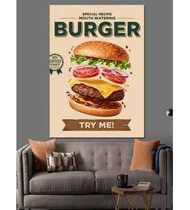 Lezzetli Hamburger Reklam İllüstrasyon Dekoratif Kanvas - Mdf Ahşap Tablo