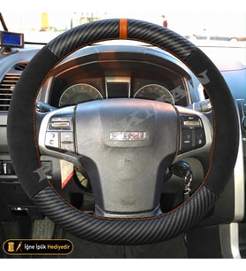 Isuzu D-Max RT50 Dikme Direksiyon Kılıfı Alcantara Süet Mat Karbon Taba Yüzük ve Dikiş V-Cross-Limited-Tuşlu 2012-2017