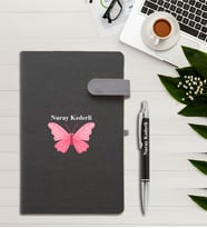 Kişiye Özel Kelebek Desen Baskılı İsme Özel Defter ve Kalem